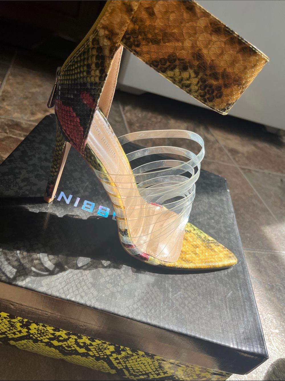 Cape Robbin Yellow Snake-Print Stiletto Sandal with Clear Straps